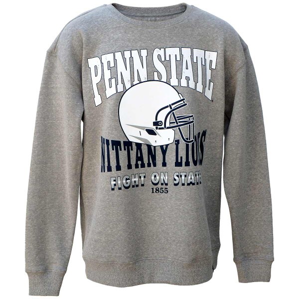 heather gray long sleeve crew sweatshirt with Penn State Nittany Lions, football helmet, Fight on State, and 1855
